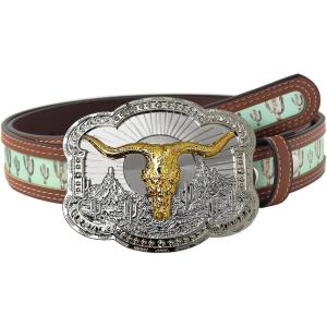 imageTOPACC Western Belts for Woman Men with Western Buckle Cowboy Cowgirl Country Belt for Jeans PantsGold Longhorn