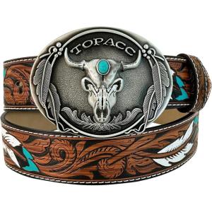 imageTOPACC Western Belts for Woman Men with Western Buckle Cowboy Cowgirl Country Belt for Jeans PantsTurquoise Longhorn