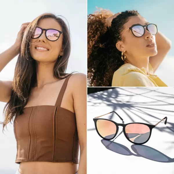 WMP Eyewear Round Sunglasses  Polarized UV Protection  Trendy Sunglasses for Women  Retro Designer StyleBlack FrameMirror Pink Lens