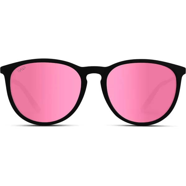 WMP Eyewear Round Sunglasses  Polarized UV Protection  Trendy Sunglasses for Women  Retro Designer StyleBlack FrameMirror Pink Lens