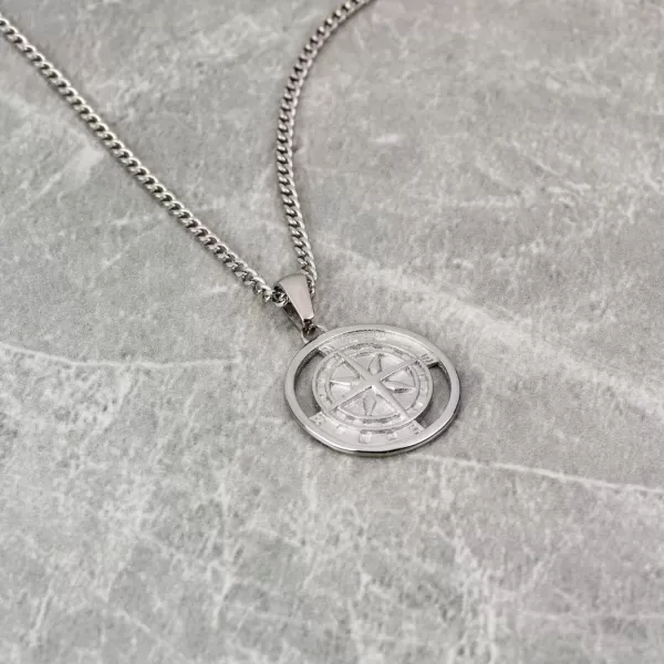 WearMe Pro Indented Compass Pendant with 3mm Cuban Link ChainSilver