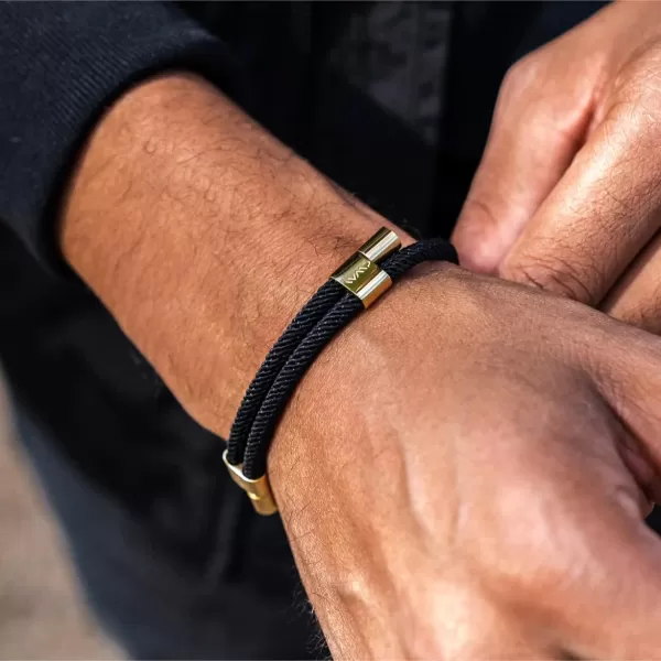 WearMe Pro Mens 4mm Rope Cord Bracelet Pull Closure  Adjustable SizeOnyx Black  Gold