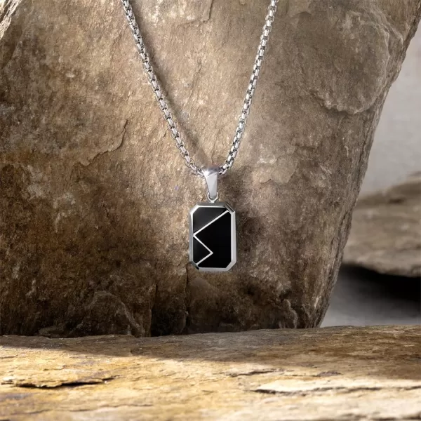 WearMe Pro Mens Pendant Necklace  3mm Rolo Box Chain ampamp Beveled Pendant with Porcelain Stone InsetSilver  Dusk Black Pendant