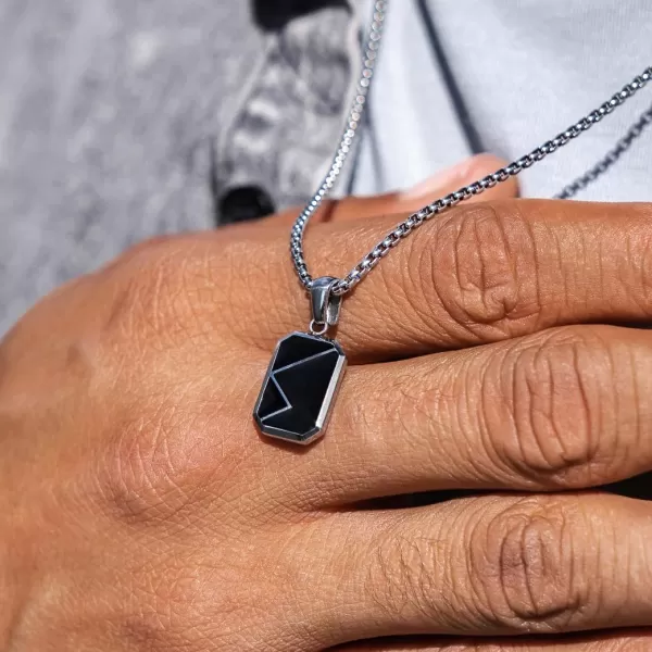 WearMe Pro Mens Pendant Necklace  3mm Rolo Box Chain ampamp Beveled Pendant with Porcelain Stone InsetSilver  Dusk Black Pendant