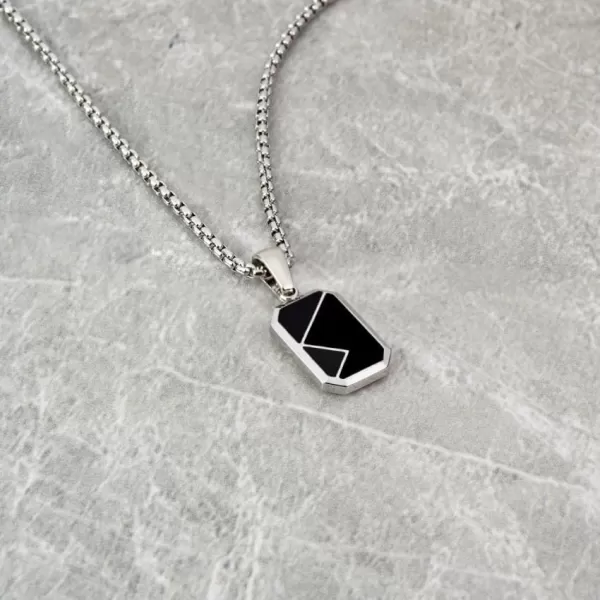 WearMe Pro Mens Pendant Necklace  3mm Rolo Box Chain ampamp Beveled Pendant with Porcelain Stone InsetSilver  Dusk Black Pendant