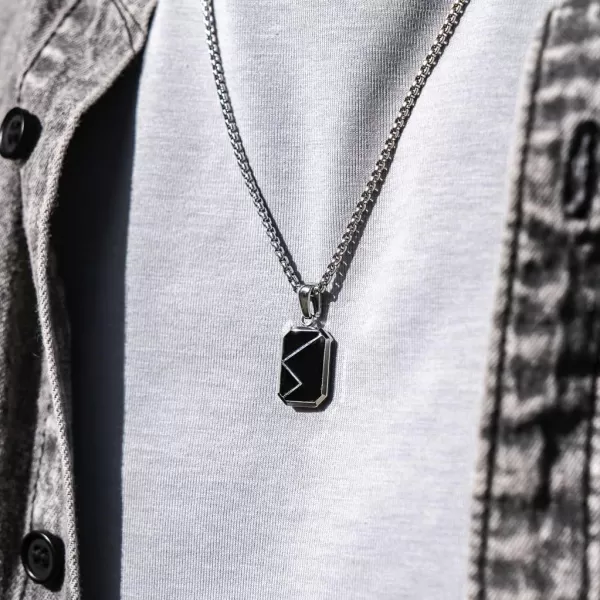 WearMe Pro Mens Pendant Necklace  3mm Rolo Box Chain ampamp Beveled Pendant with Porcelain Stone InsetSilver  Dusk Black Pendant