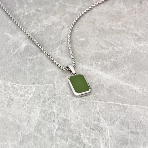 WearMe Pro Mens Pendant Necklace  3mm Rolo Box Chain ampamp Beveled Pendant with Porcelain Stone InsetSilver  Pine Green Pendant