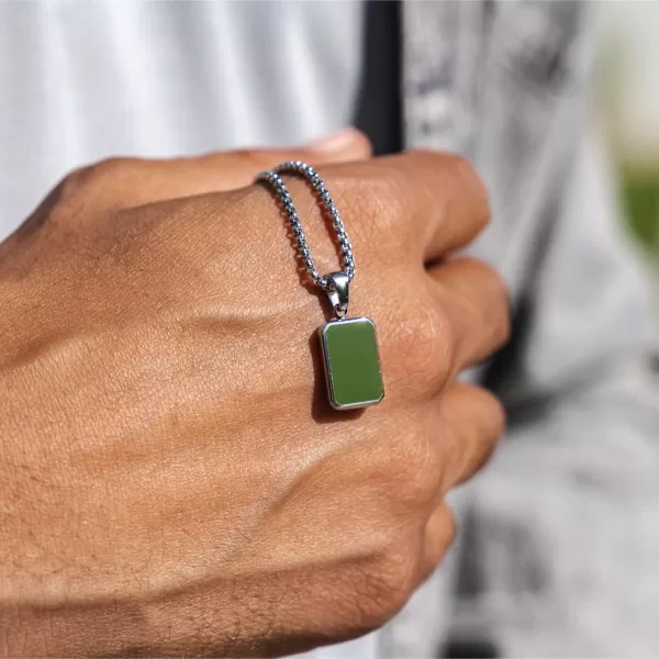 WearMe Pro Mens Pendant Necklace  3mm Rolo Box Chain ampamp Beveled Pendant with Porcelain Stone InsetSilver  Pine Green Pendant