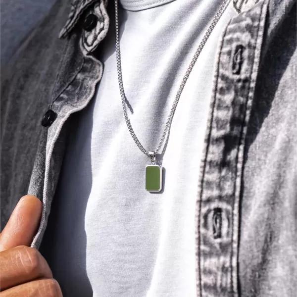 WearMe Pro Mens Pendant Necklace  3mm Rolo Box Chain ampamp Beveled Pendant with Porcelain Stone InsetSilver  Pine Green Pendant