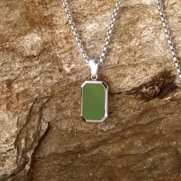 WearMe Pro Mens Pendant Necklace  3mm Rolo Box Chain ampamp Beveled Pendant with Porcelain Stone InsetSilver  Pine Green Pendant