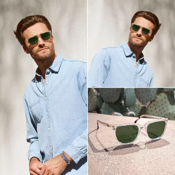 WearMe Pro Polarized Classic Retro Flat Square Unisex SunglassesCrystal Clear Frame  Smoke Green Lens