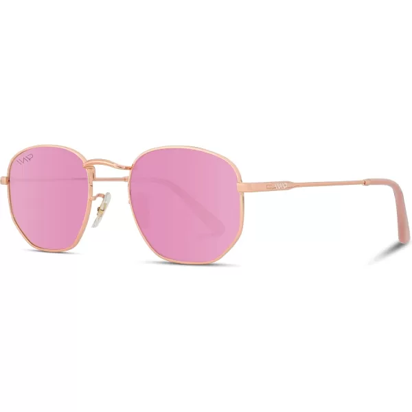 WearMe Pro Polarized Rounded Hexagon Retro SunglassesGold Frame  Mirror Pink Lens