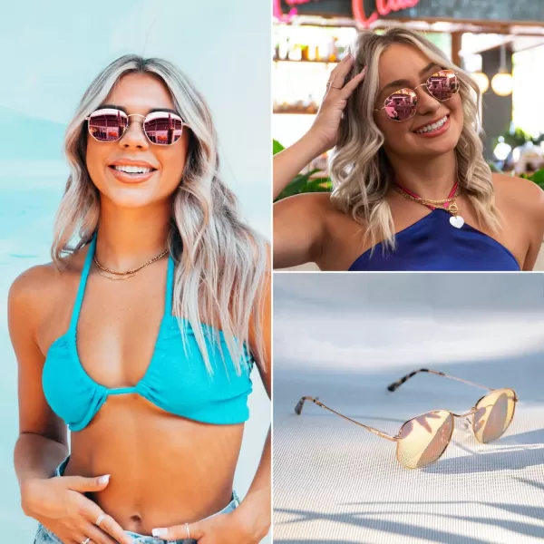 WearMe Pro Polarized Rounded Hexagon Retro SunglassesGold Frame  Mirror Pink Lens