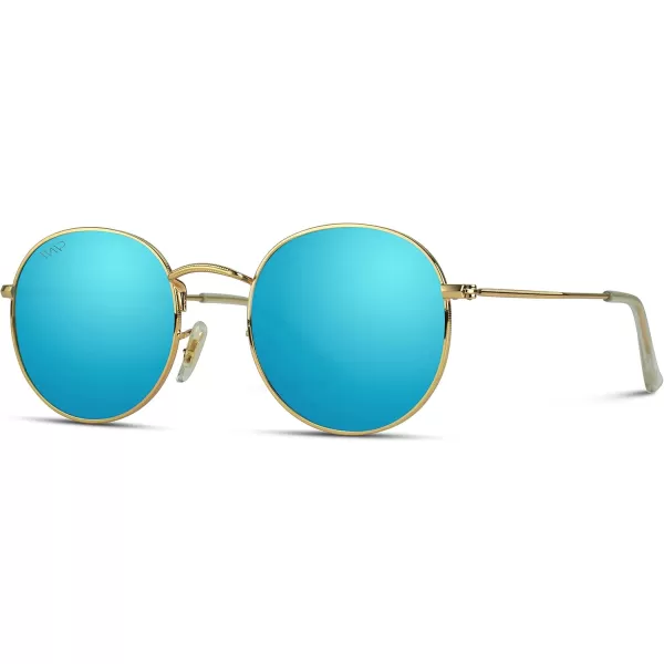 WearMe Pro  Reflective Lens Round Trendy SunglassesGold Frame  Blue Mirrored Lens