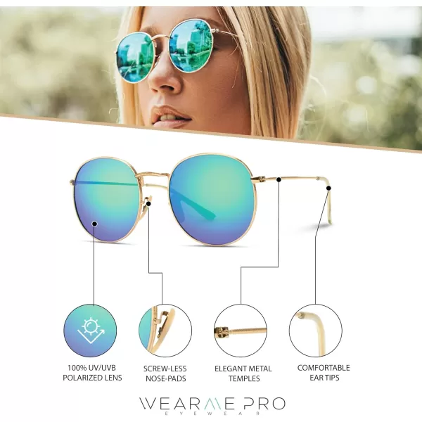 WearMe Pro  Reflective Lens Round Trendy SunglassesGold Frame  Green Mirrored Lens