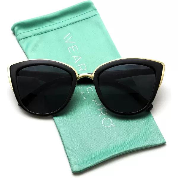 WearMe Pro Womens Cat Eye Mirrored Reflective Lenses Oversized Cateyes SunglassesBlack Framegold Rimmed  Black Lens