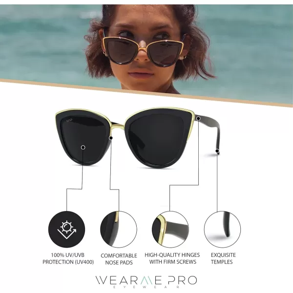 WearMe Pro Womens Cat Eye Mirrored Reflective Lenses Oversized Cateyes SunglassesBlack Framegold Rimmed  Black Lens