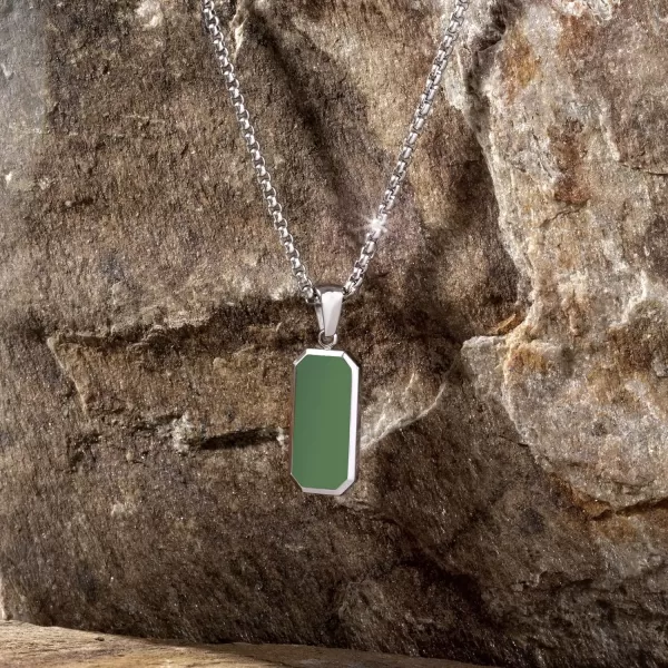 WearMe Pro14k Pendant Necklace  3mm Rolo Box Chain ampamp Rectangular Beveled Pendant with Porcelain Stone InsetSilver  Sage Pendant