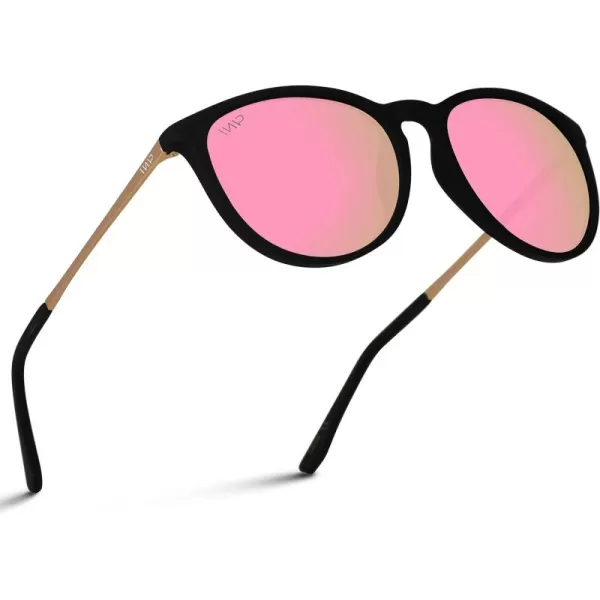 WMP Eyewear Round Sunglasses  Polarized UV Protection  Trendy Sunglasses for Women  Retro Designer StyleBlack FrameMirror Pink Lens