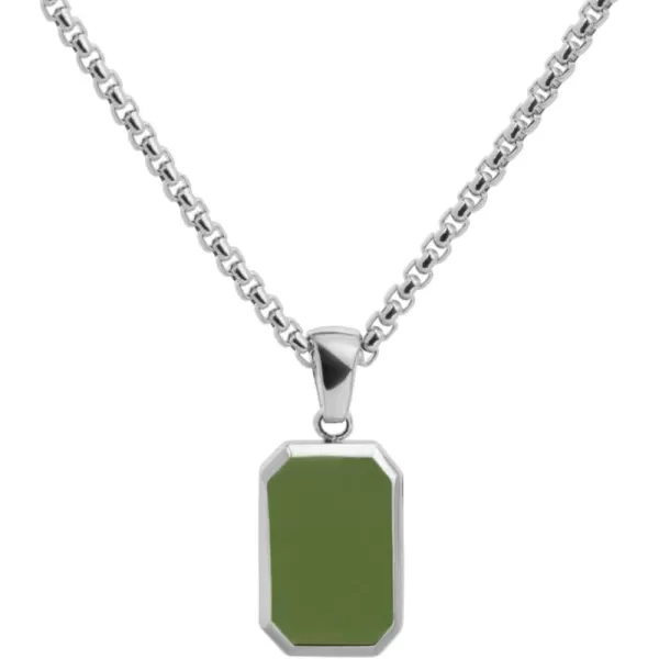 WearMe Pro Mens Pendant Necklace  3mm Rolo Box Chain ampamp Beveled Pendant with Porcelain Stone InsetSilver  Pine Green Pendant