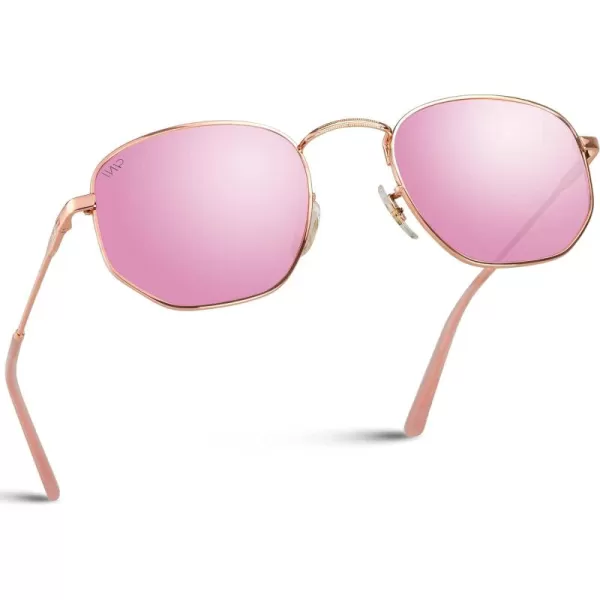 WearMe Pro Polarized Rounded Hexagon Retro SunglassesGold Frame  Mirror Pink Lens