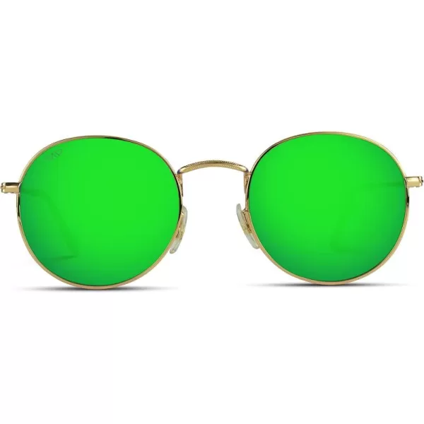 WearMe Pro  Reflective Lens Round Trendy SunglassesGold Frame  Green Mirrored Lens