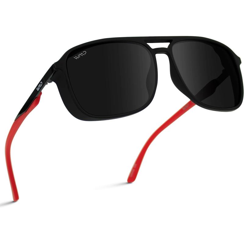 WearMe Pro Polarized Modern Square Aviator Sunglasses for Men Black Frame Red Temple Tips Black Lens WearMe Pro