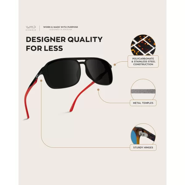 WearMe Pro  Polarized Modern Square Aviator Sunglasses for MenBlack Frame Red Temple TipsBlack Lens