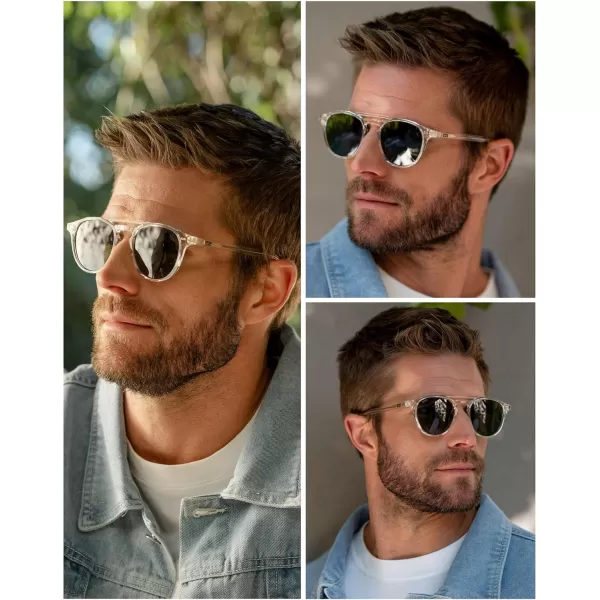 WearMe Pro Urban Mens Square Sunglasses Double Bridge Design Modern Round Frames and Polarized LensesGlossy Clear Frame  Smoke Green Lens