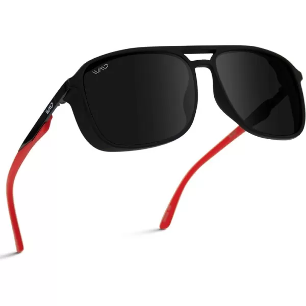 WearMe Pro  Polarized Modern Square Aviator Sunglasses for MenBlack Frame Red Temple TipsBlack Lens