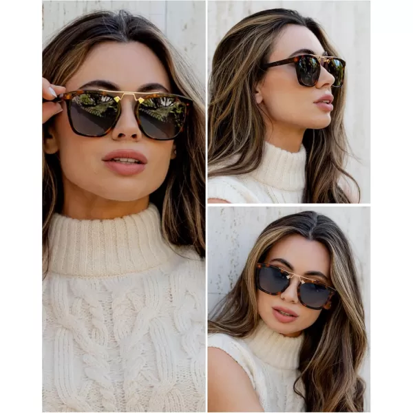 WearMe Pro Polarized Vintage Large Square Womens Sunglasses with Metal DoubleBar BridgeWhiskey Brown Tortoise  Blue Gradient Lens