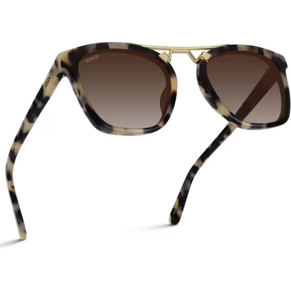 WearMe Pro Polarized Vintage Large Square Womens Sunglasses with Metal DoubleBar BridgeBeige Tortoise  Gradient Brown Lens