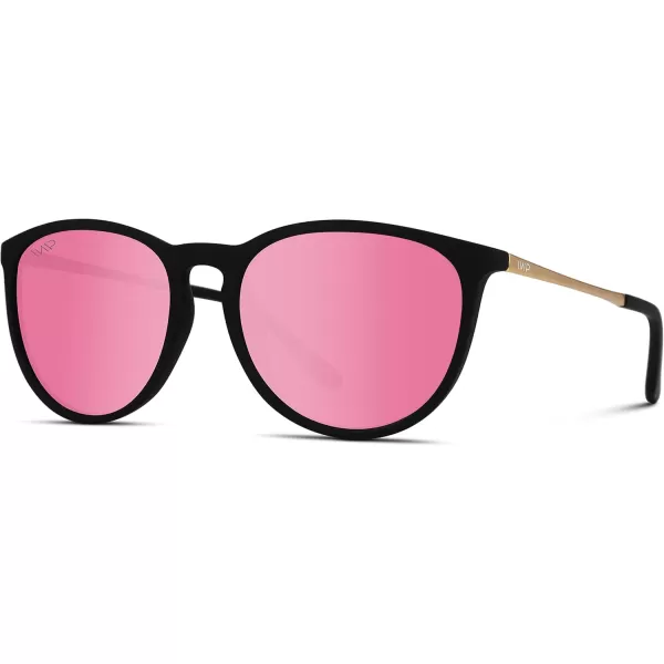 WMP Eyewear Round Sunglasses  Polarized UV Protection  Trendy Sunglasses for Women  Retro Designer StyleBlack FrameMirror Pink Lens