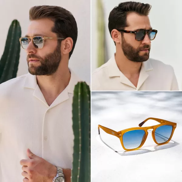 WearMe Pro Polarized Retro Large Rectangular Mens SunglassesCrystal Caramel Frame  Gradient Blue Lens