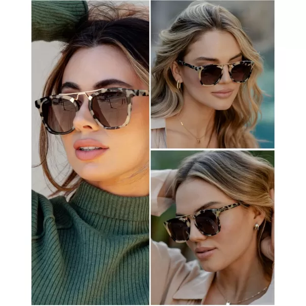 WearMe Pro Polarized Vintage Large Square Womens Sunglasses with Metal DoubleBar BridgeBeige Tortoise  Gradient Brown Lens
