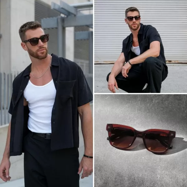 imageWMP Eyewear  Mens Classic Square Sunglasses Lightweight Acetate Frame with Polarized Lenses 100 UV ProtectionRed Garnet  Gradient Amber Lens
