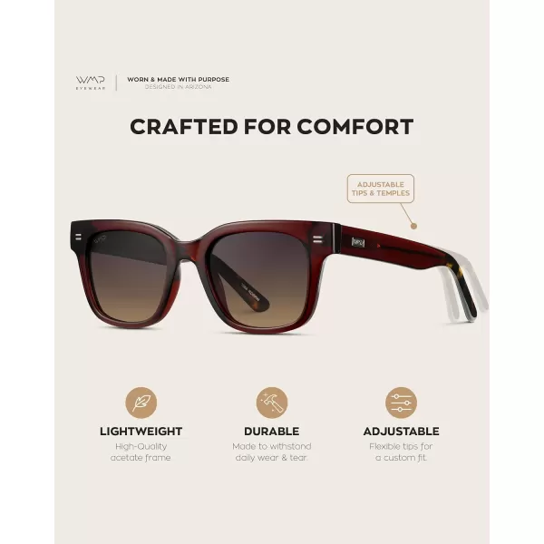 imageWMP Eyewear  Mens Classic Square Sunglasses Lightweight Acetate Frame with Polarized Lenses 100 UV ProtectionRed Garnet  Gradient Amber Lens