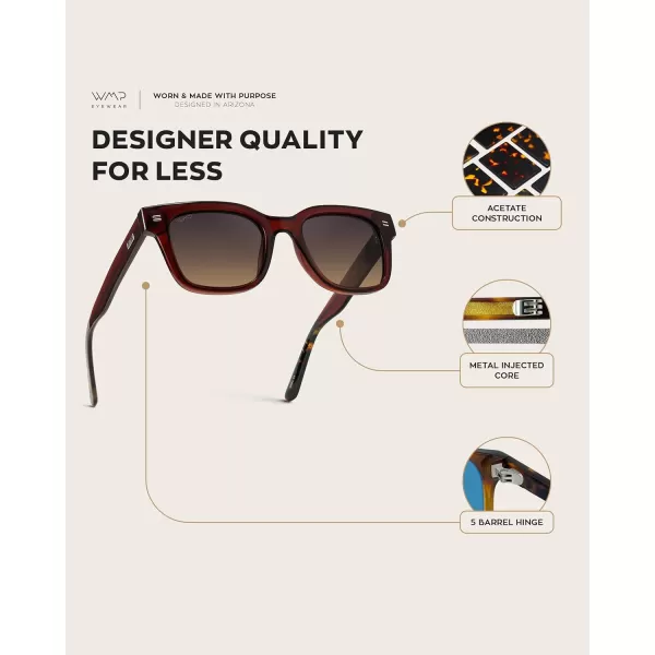 imageWMP Eyewear  Mens Classic Square Sunglasses Lightweight Acetate Frame with Polarized Lenses 100 UV ProtectionRed Garnet  Gradient Amber Lens