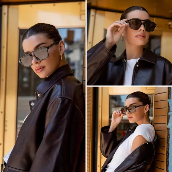 imageWearMe Pro WMP Eyewear  Womens Polarized Retro Square Aviator Sunglasses Double Bridge Oversized Frame UV ProtectionGloss Black Mineral  Brown Lens