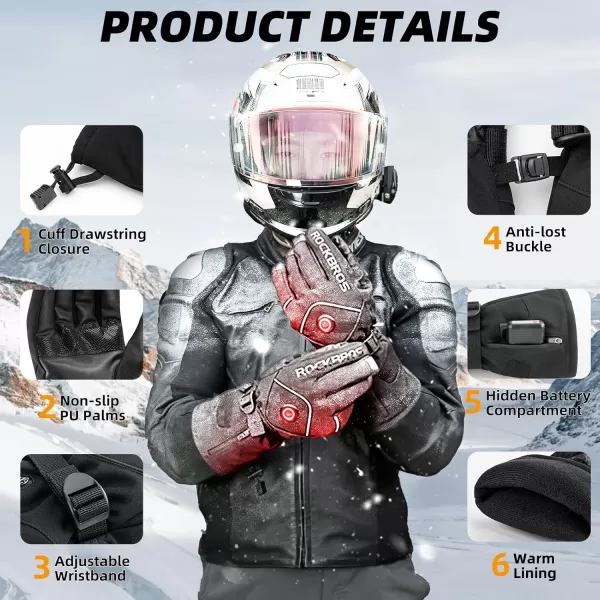 ROCKBROS Heated Gloves for Men Women Rechargeable Battery Electric Heated Gloves Winter Heated Motorcycle Gloves Touchscreen for Cycling Skiing SnowboardingXLarge