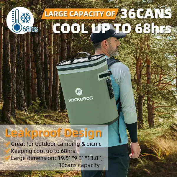 ROCKBROS Backpack Cooler LeakProof Soft Sided Cooler Waterproof Insulated Backpack Cooler Bag 36 Can Soft Cooler for Camping Fishing Party Outdoor Adventure Picnic36 Can Green