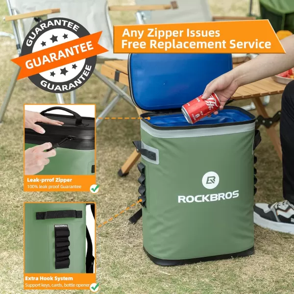 ROCKBROS Backpack Cooler LeakProof Soft Sided Cooler Waterproof Insulated Backpack Cooler Bag 36 Can Soft Cooler for Camping Fishing Party Outdoor Adventure Picnic36 Can Green