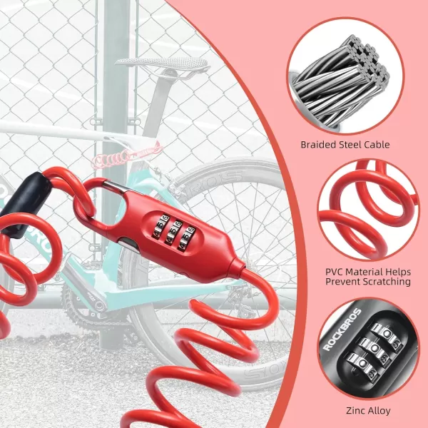ROCKBROS Bike Lock Cable Combination Motorcycle Helmet Lock High Security Bicycle Lock  6FT Long Portable AntiTheft for ScooterBicycleEbikeRed
