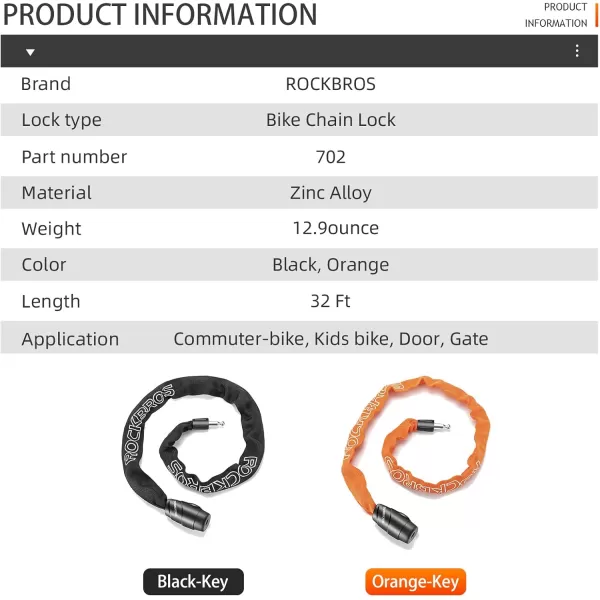 ROCKBROS Bike Lock Chain Bicycle Lock Heavy Duty Anti Theft 3 Ft Long 5mm Thick Bike Chain Lock with Key Set Cut Proof Security Scooter Lock Commuter Lock for Door Gate Fence GrillOrangeKey