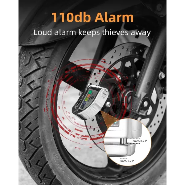 ROCKBROS Disc Brake Lock Motorcycle Alarm Lock AntiTheft 110db Motorcycle Lock with Reminder Cable Disc Brake Vehicle for Motorbike ScooterSilver