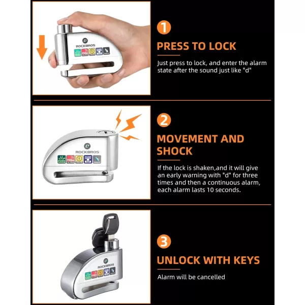 ROCKBROS Disc Brake Lock Motorcycle Alarm Lock AntiTheft 110db Motorcycle Lock with Reminder Cable Disc Brake Vehicle for Motorbike ScooterSilver