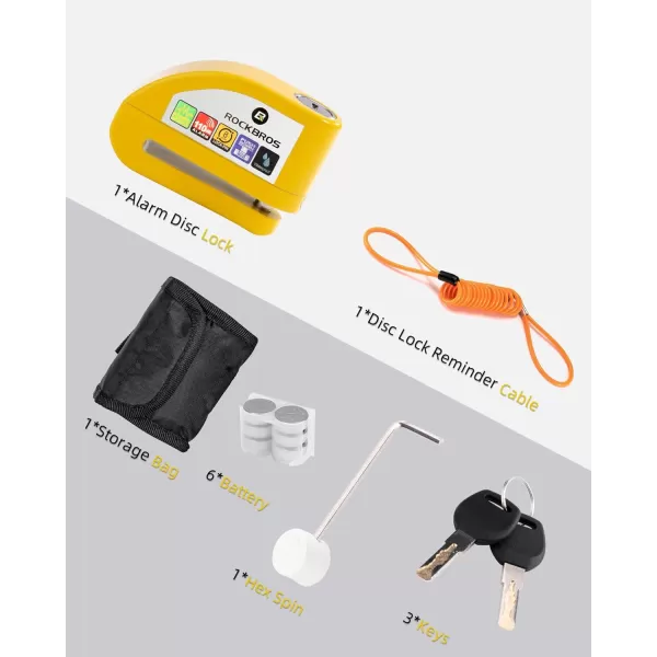 ROCKBROS Disc Brake Lock Motorcycle Alarm Lock AntiTheft 110db Motorcycle Lock with Reminder Cable Disc Brake Vehicle for Motorbike ScooterYellow