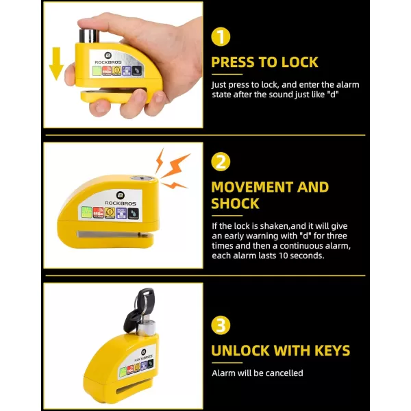 ROCKBROS Disc Brake Lock Motorcycle Alarm Lock AntiTheft 110db Motorcycle Lock with Reminder Cable Disc Brake Vehicle for Motorbike ScooterYellow