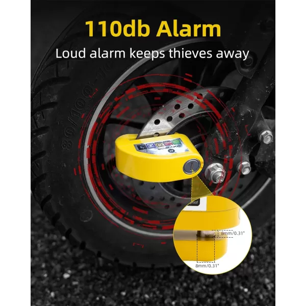 ROCKBROS Disc Brake Lock Motorcycle Alarm Lock AntiTheft 110db Motorcycle Lock with Reminder Cable Disc Brake Vehicle for Motorbike ScooterYellow