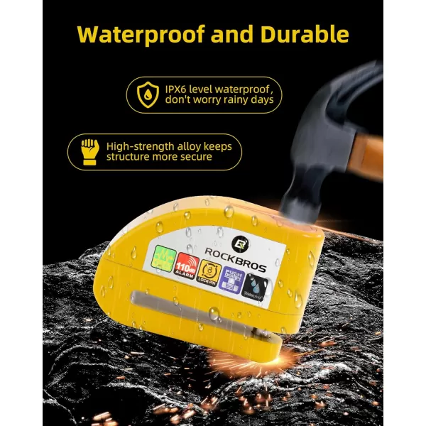 ROCKBROS Disc Brake Lock Motorcycle Alarm Lock AntiTheft 110db Motorcycle Lock with Reminder Cable Disc Brake Vehicle for Motorbike ScooterYellow